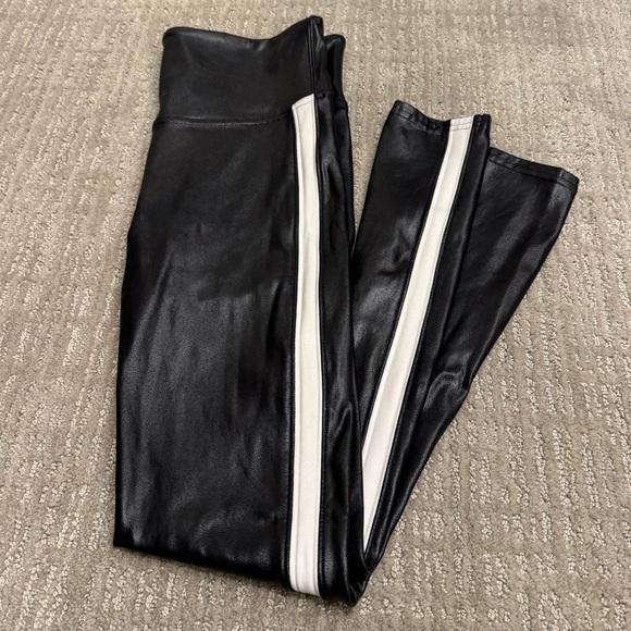 SPANX Black Faux Leather Leggings with White Stripe - Picture 5 of 6